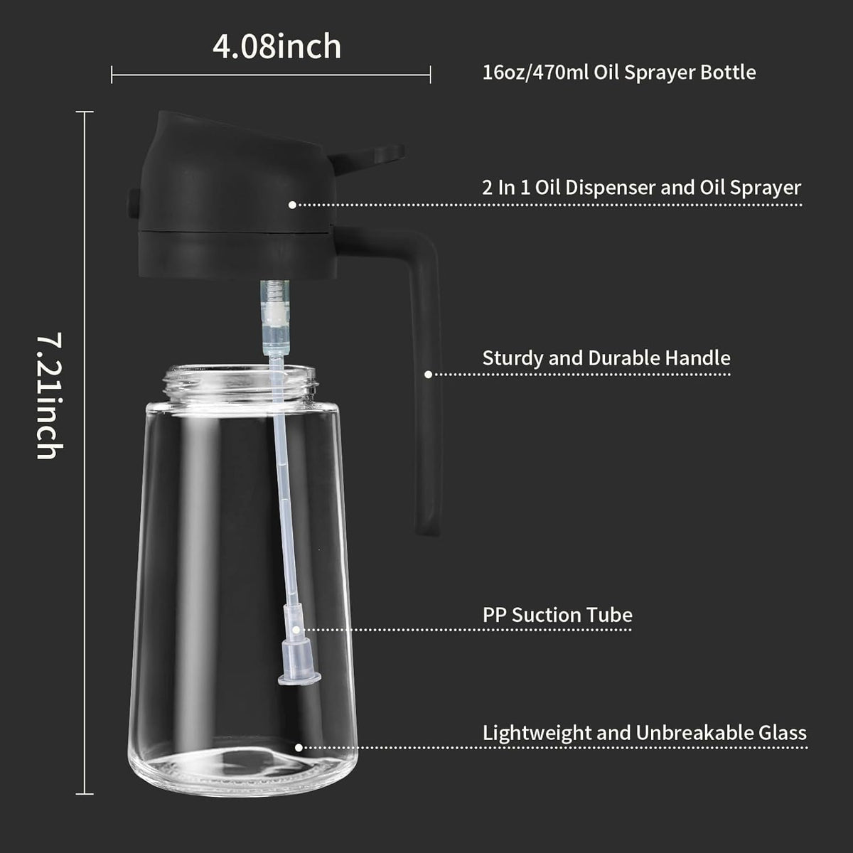 2-in-1 Oil Sprayer & Dispenser for Kitchen, 500ml, Black