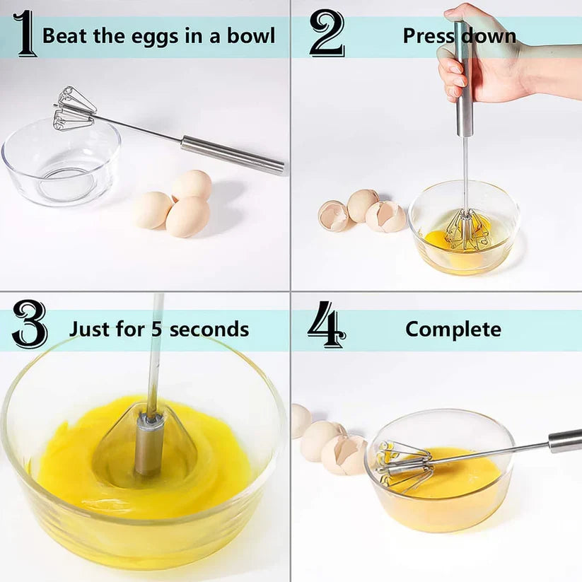 Stainless steel push & rotate egg whisk
